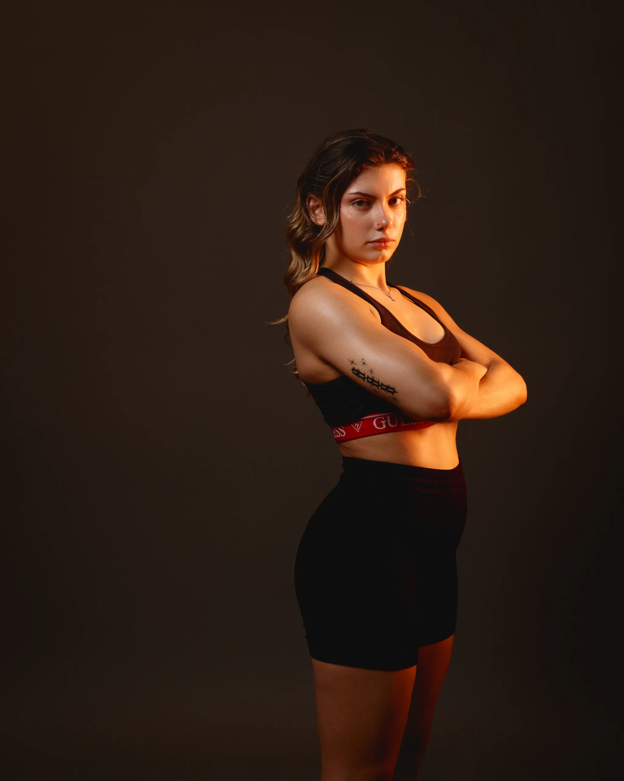 Gelled studio lighting during a model portfolio session in Suffolk