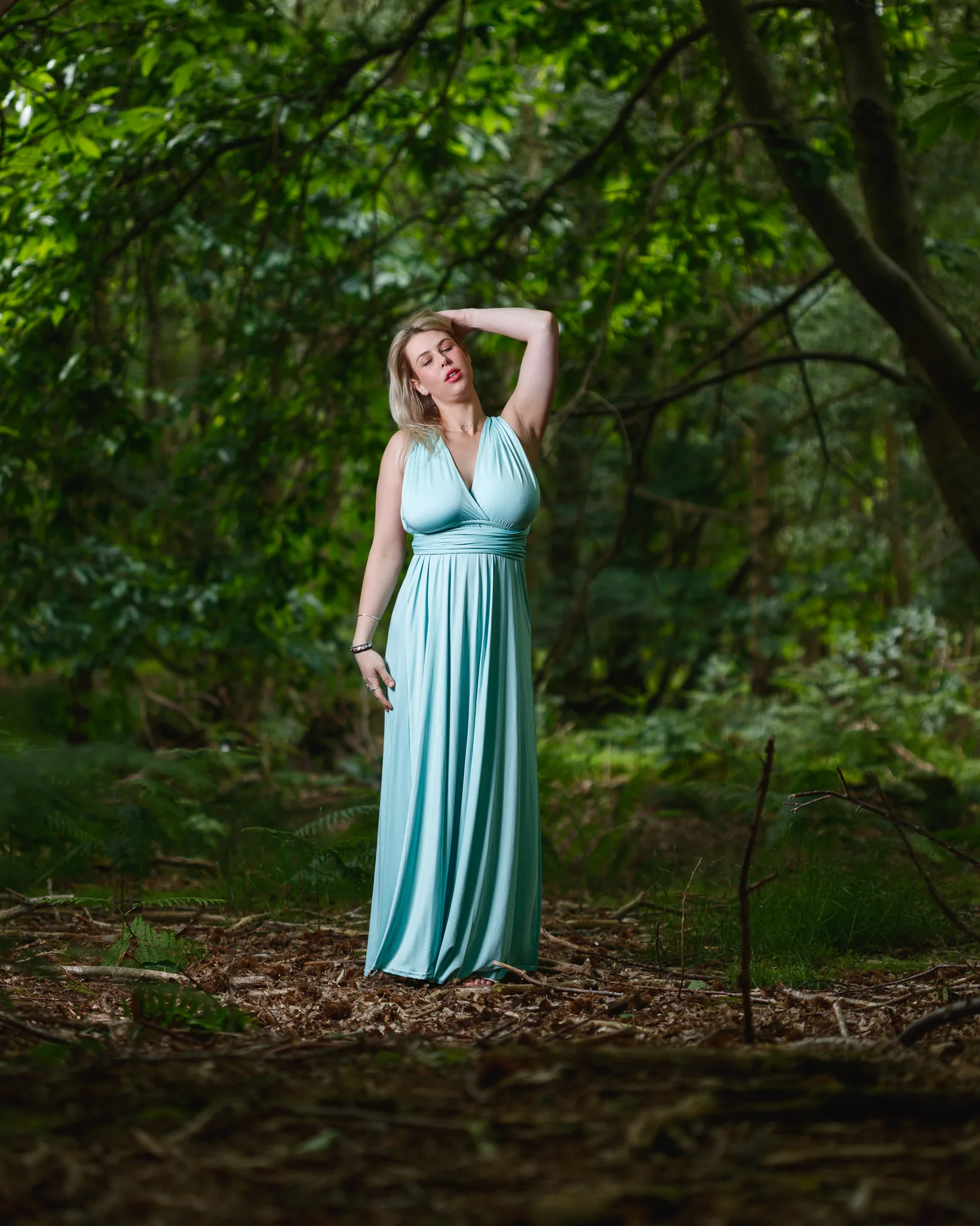 Model photographed on a woodland path in Tunstall Wood, Suffolk