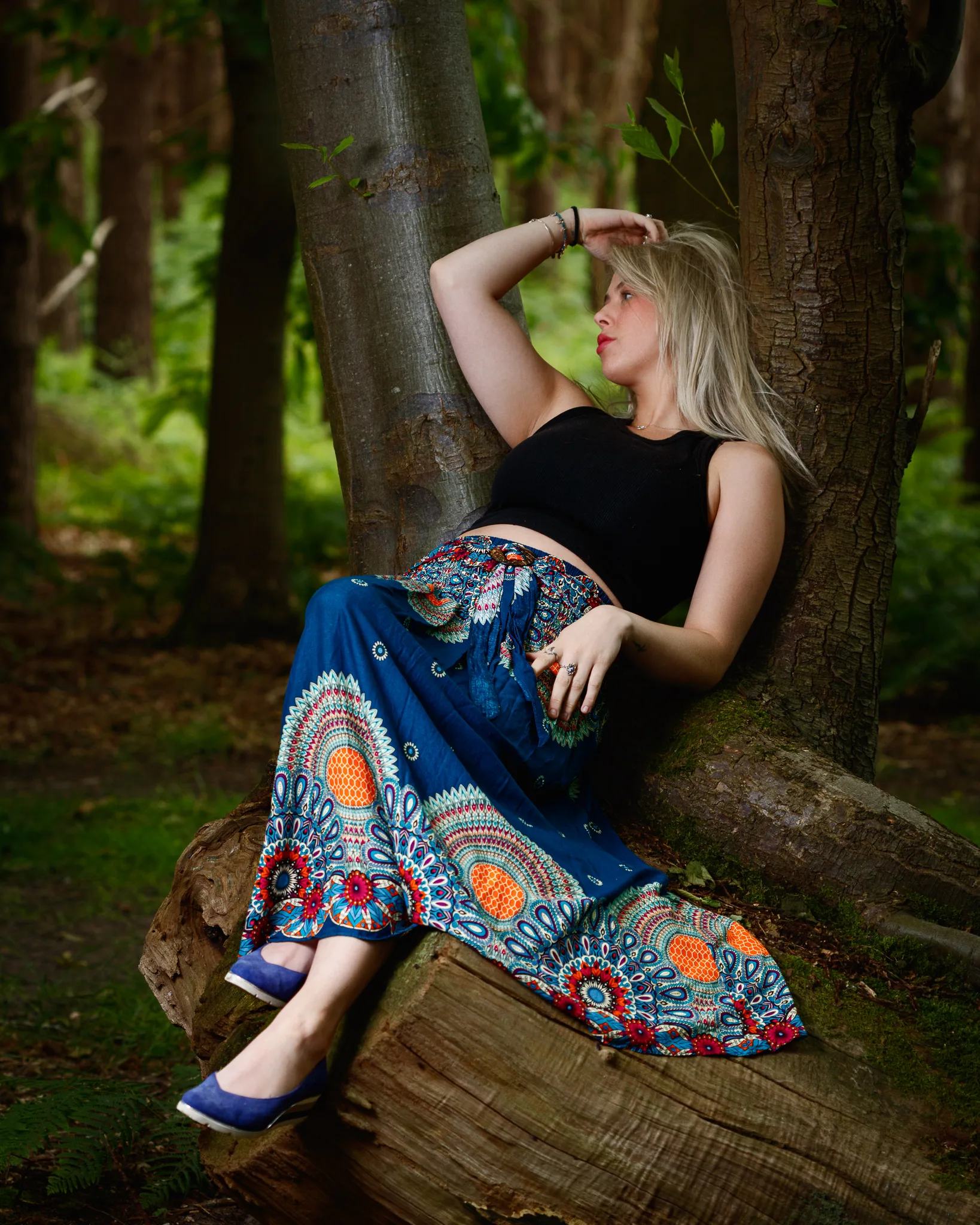 Model photographed among the pines in Tunstall Wood, Suffolk, by Foyers Photography
