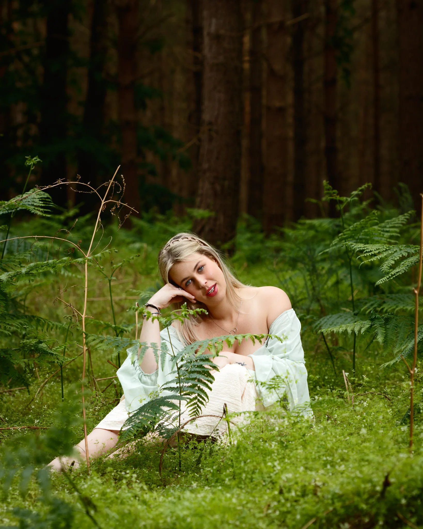 Model photographed in the pines at Tunstall Wood, Suffolk